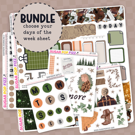 Collection of planner stickers with various designs for journaling themed around taylor swift's evermore album on a beige background
