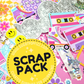 Scrap pack with colorful stickers and a yellow label on a pink background