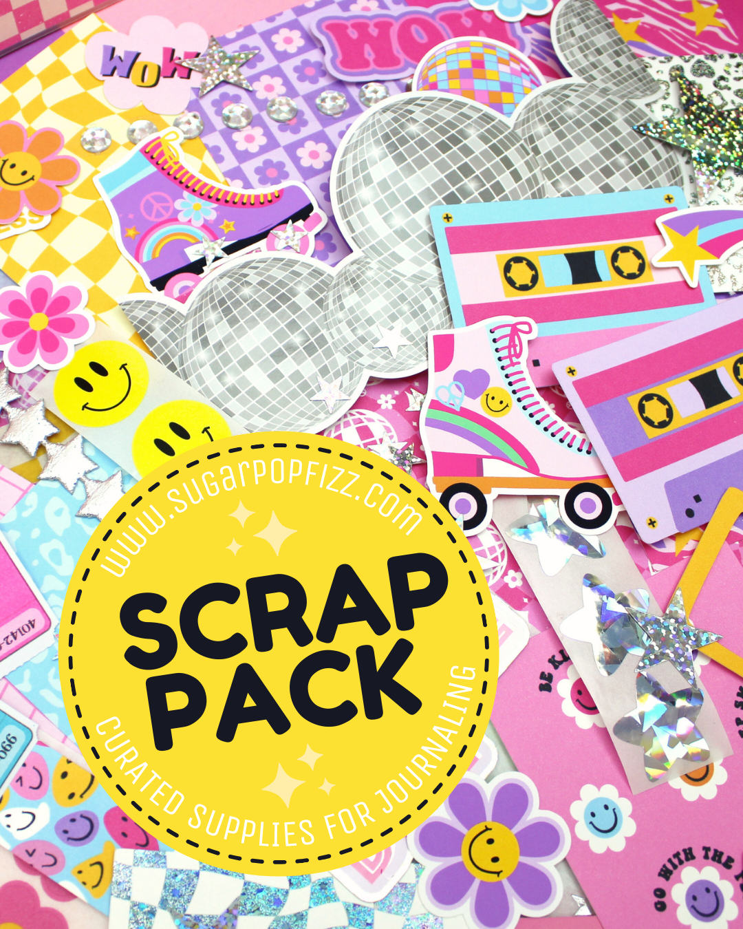 Scrap pack with colorful stickers and a yellow label on a pink background
