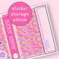 Sticker storage album with pink and purple design on a pink background
