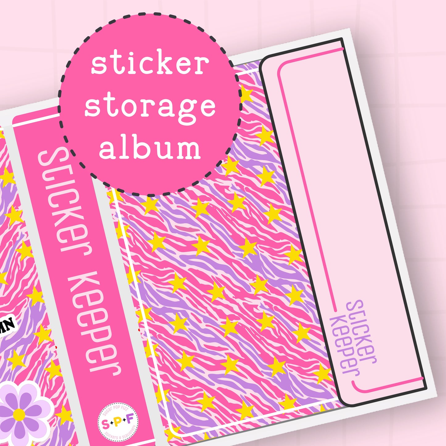 Sticker storage album with pink and purple design on a pink background