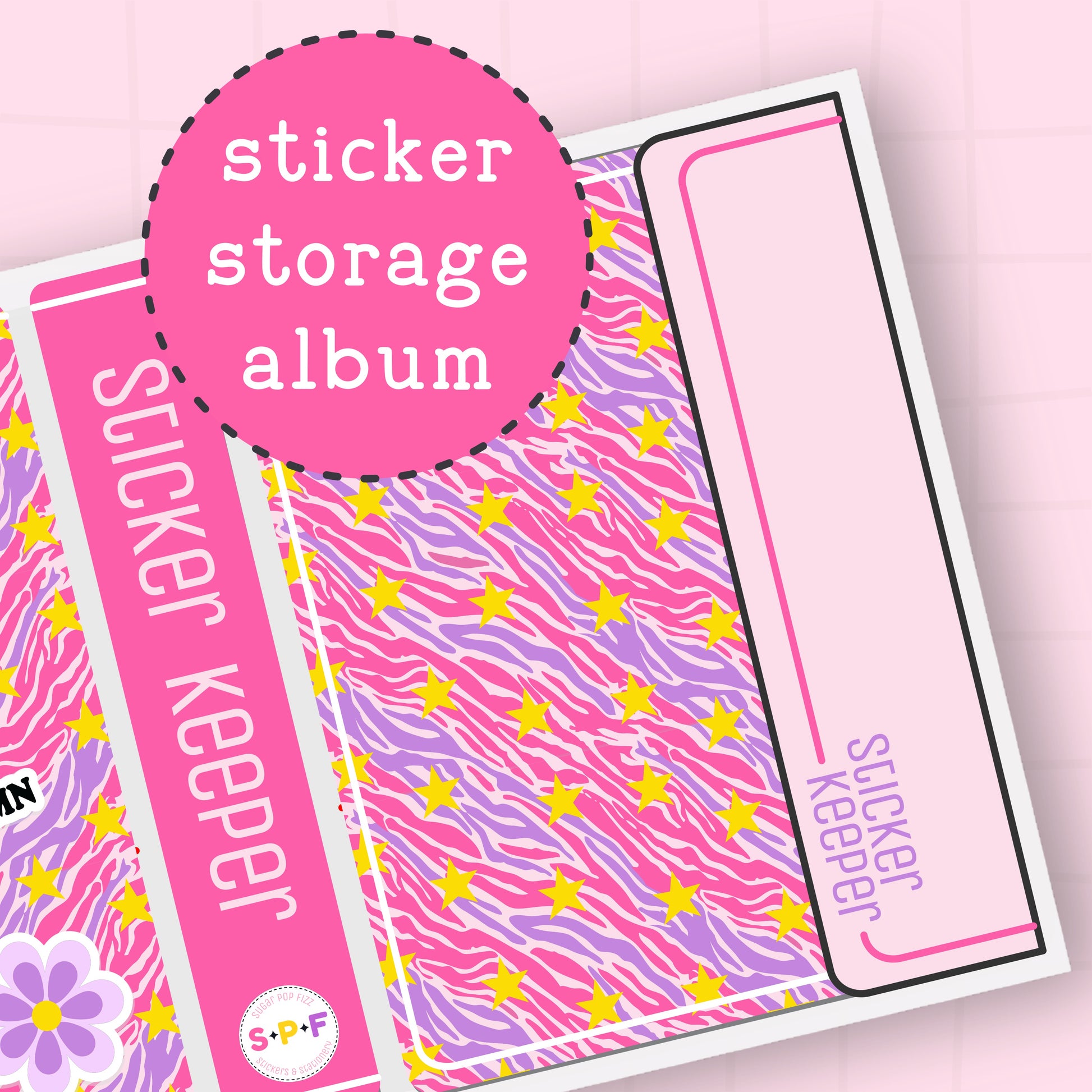 Sticker storage album with pink and purple design on a pink background