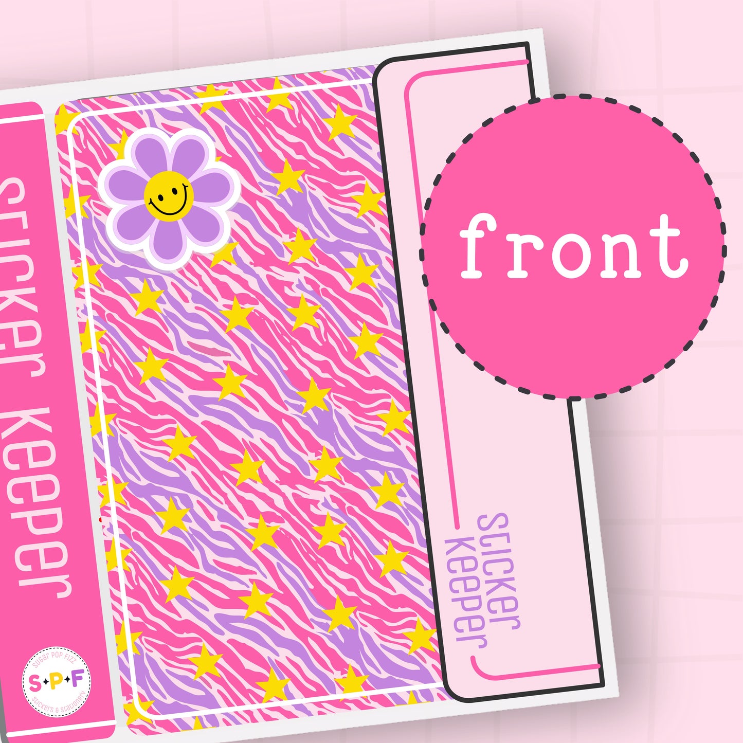 Sticker Keeper planner with pink and purple design and flower sticker on a pink background