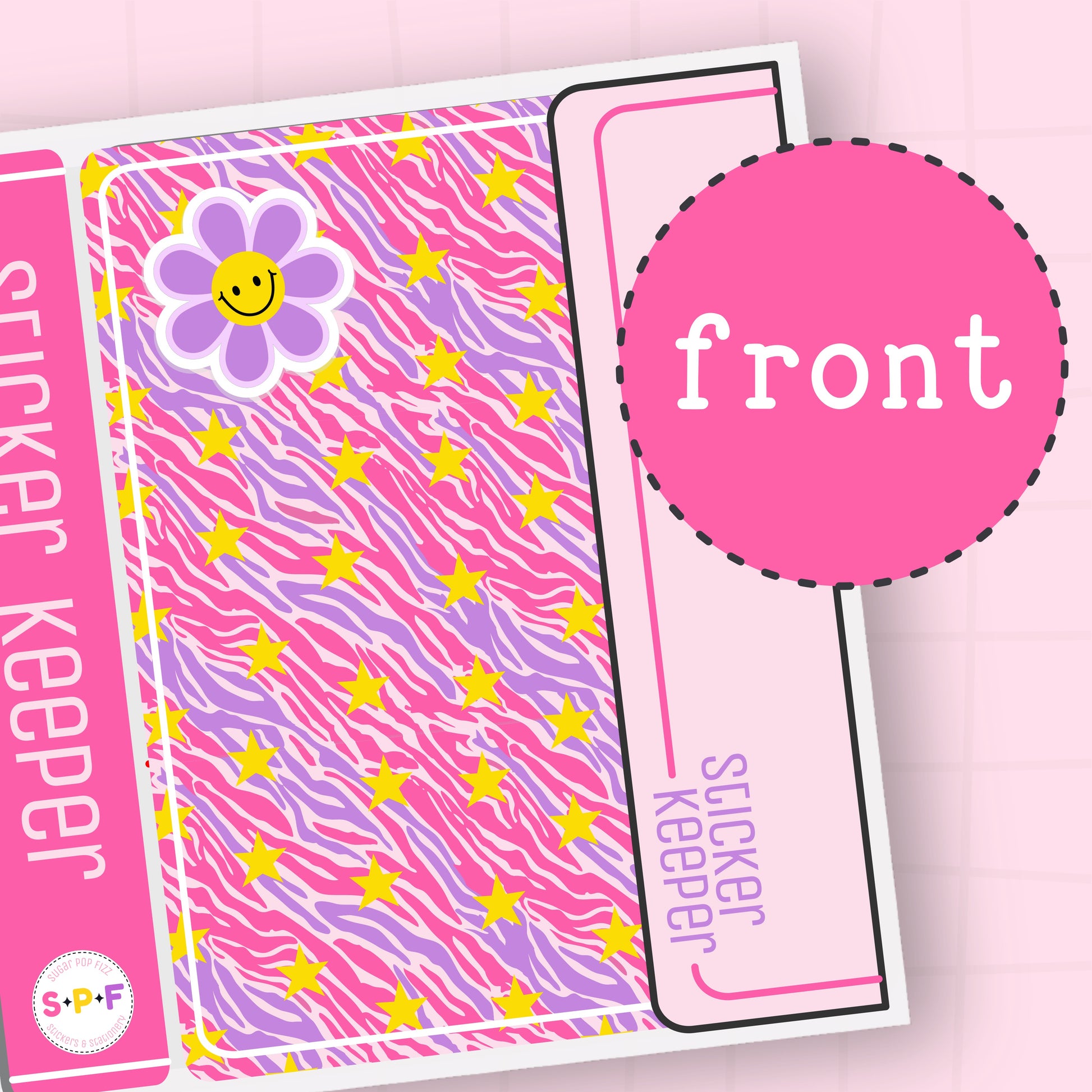 Sticker Keeper planner with pink and purple design and flower sticker on a pink background