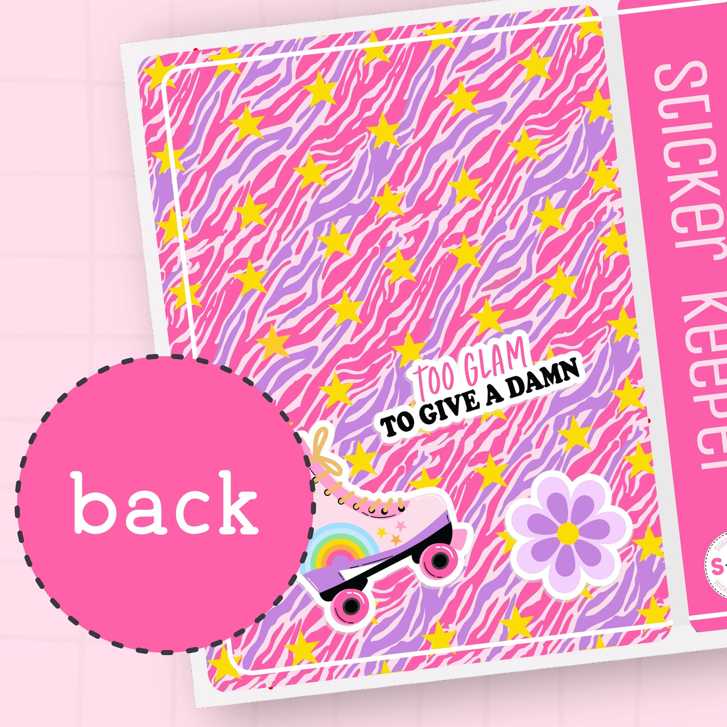 Sticker book with colorful design and text on a pink background