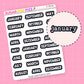 Sheet of months stickers with a close-up of 'January' on a pink background. The Months are white with a thick black outline.