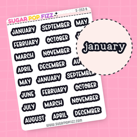 Sheet of months stickers with a close-up of 'January' on a pink background. The Months are white with a thick black outline.