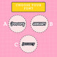 Three circular options for 'January' text with different fonts on a pink background. Font A is a script style font, font B is a rounded all capital letters font and font c is an all-lowercase typewriter font.