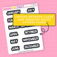 Sticker sheet with months of the year on a pink background, featuring text that states "choose between clear and premium matte sticker paper"
