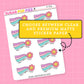 Sticker paper with rainbow-themed designs and flowers and text that says "made it through the day" on a pink background, featuring text about clear and premium matte sticker paper.