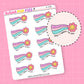 Sticker sheet with rainbow-themed designs and flowers and text that says "made it through the week" design on a pink background
