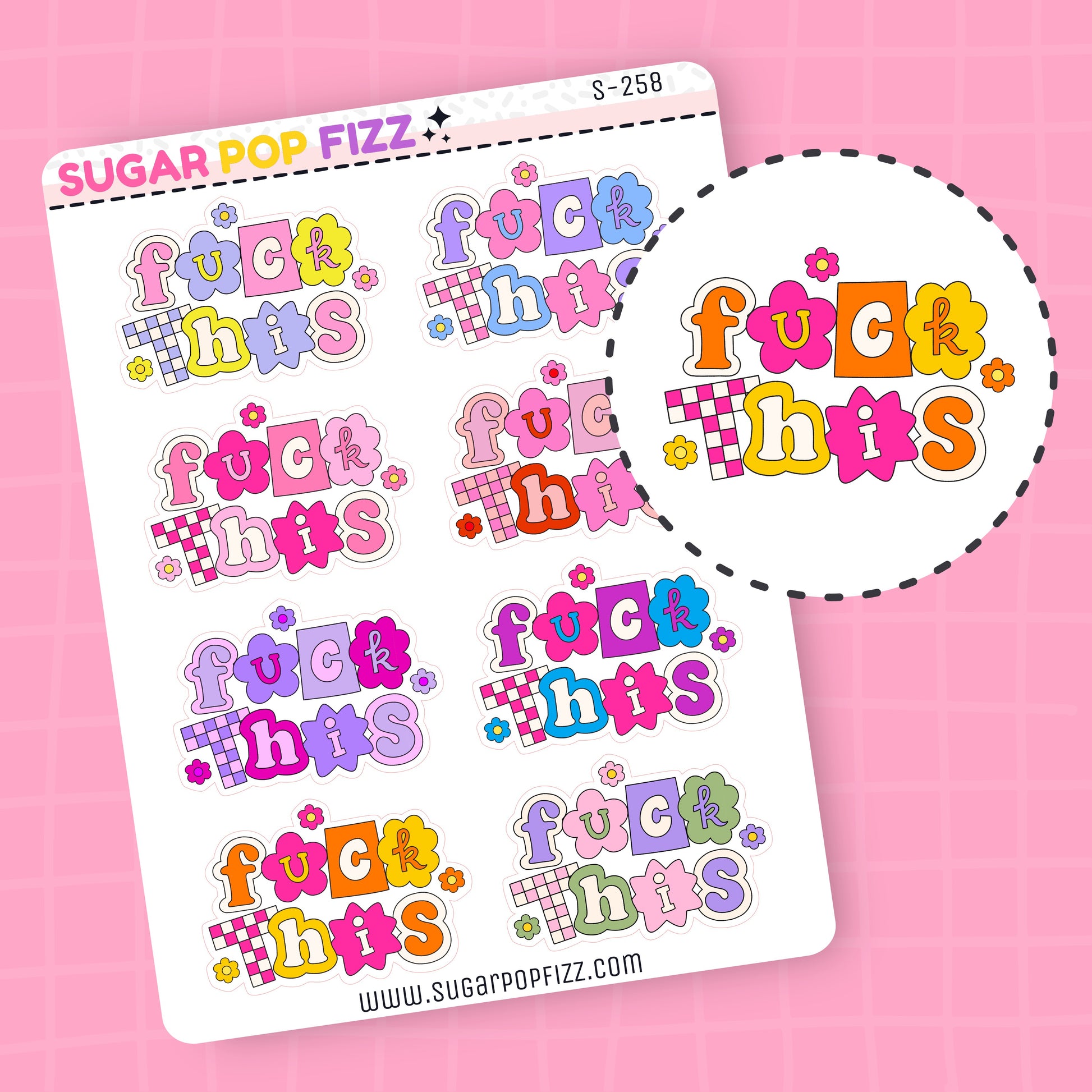 Sticker sheet with colorful  90s kid themed 'fuck this' text on a pink background