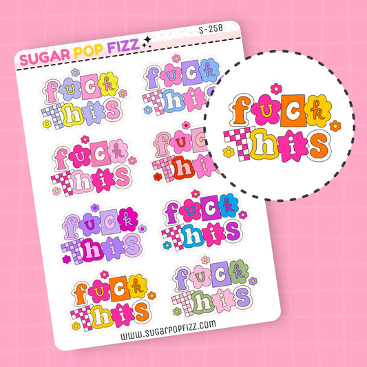 Sticker sheet with colorful  90s kid themed 'fuck this' text on a pink background