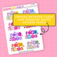 Sticker sheet with colorful "Fuck this" text on a pink background, featuring the brand 'Sugar Pop Fizz'. The Text "choose between clear and premium matte sticker paper" also appears