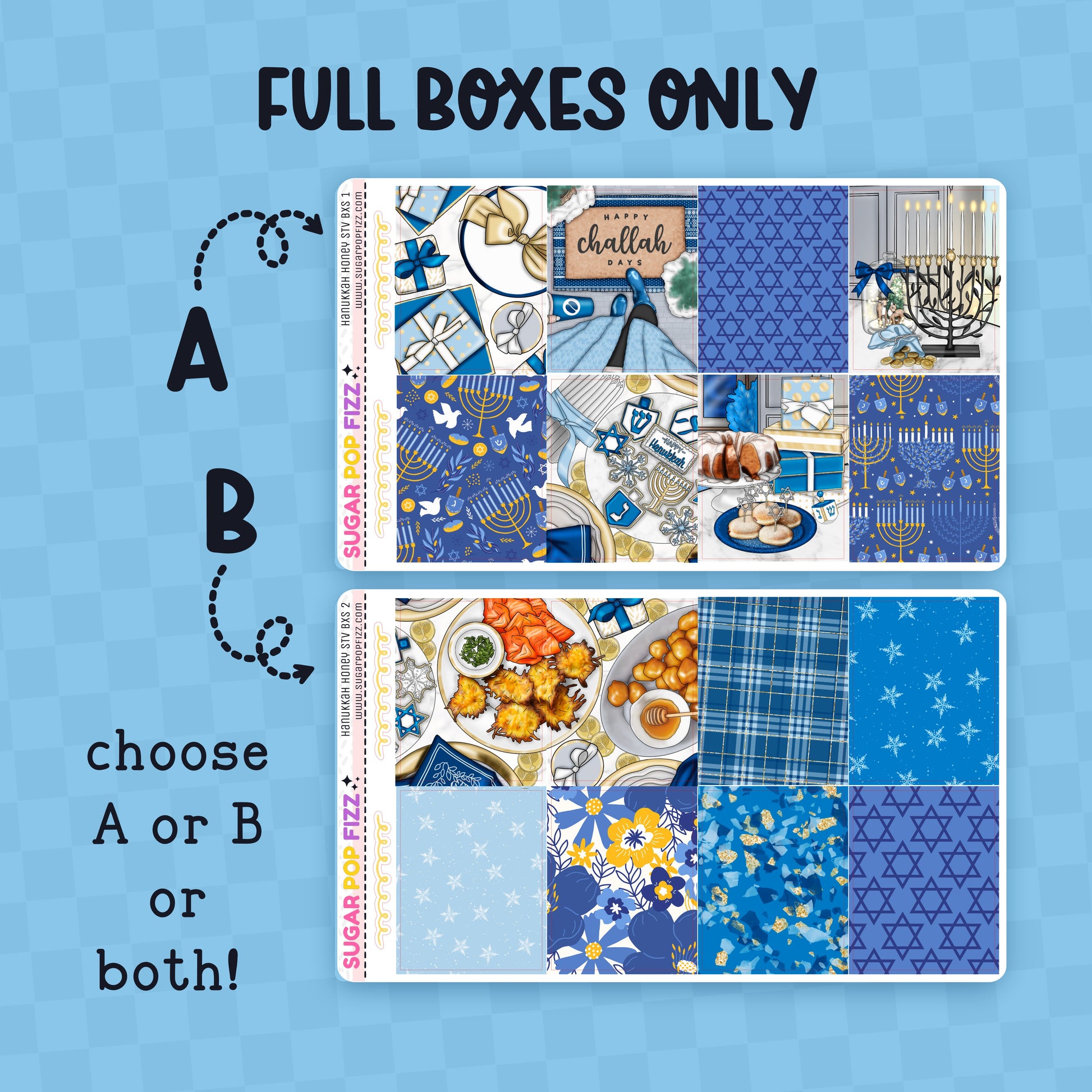 Two sets of blue and white patterned boxes on a blue background with text indicating choice options.