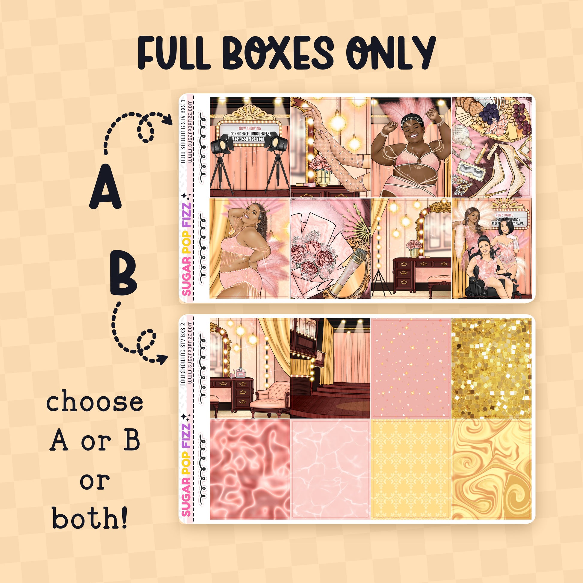 Two packaging designs with patterns and text on a beige background