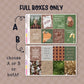Collection of decorative full box planner stickers  themed around taylor swift's evermore album on a beige background.  Text that reads "full boxes only" and choose A or B or both!" 