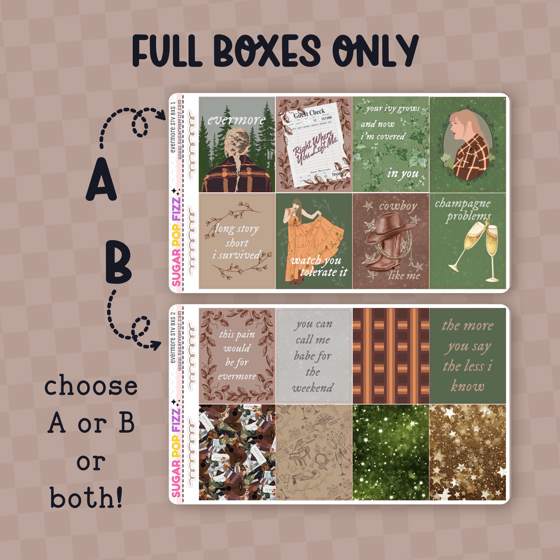 Collection of decorative full box planner stickers  themed around taylor swift's evermore album on a beige background.  Text that reads "full boxes only" and choose A or B or both!" 