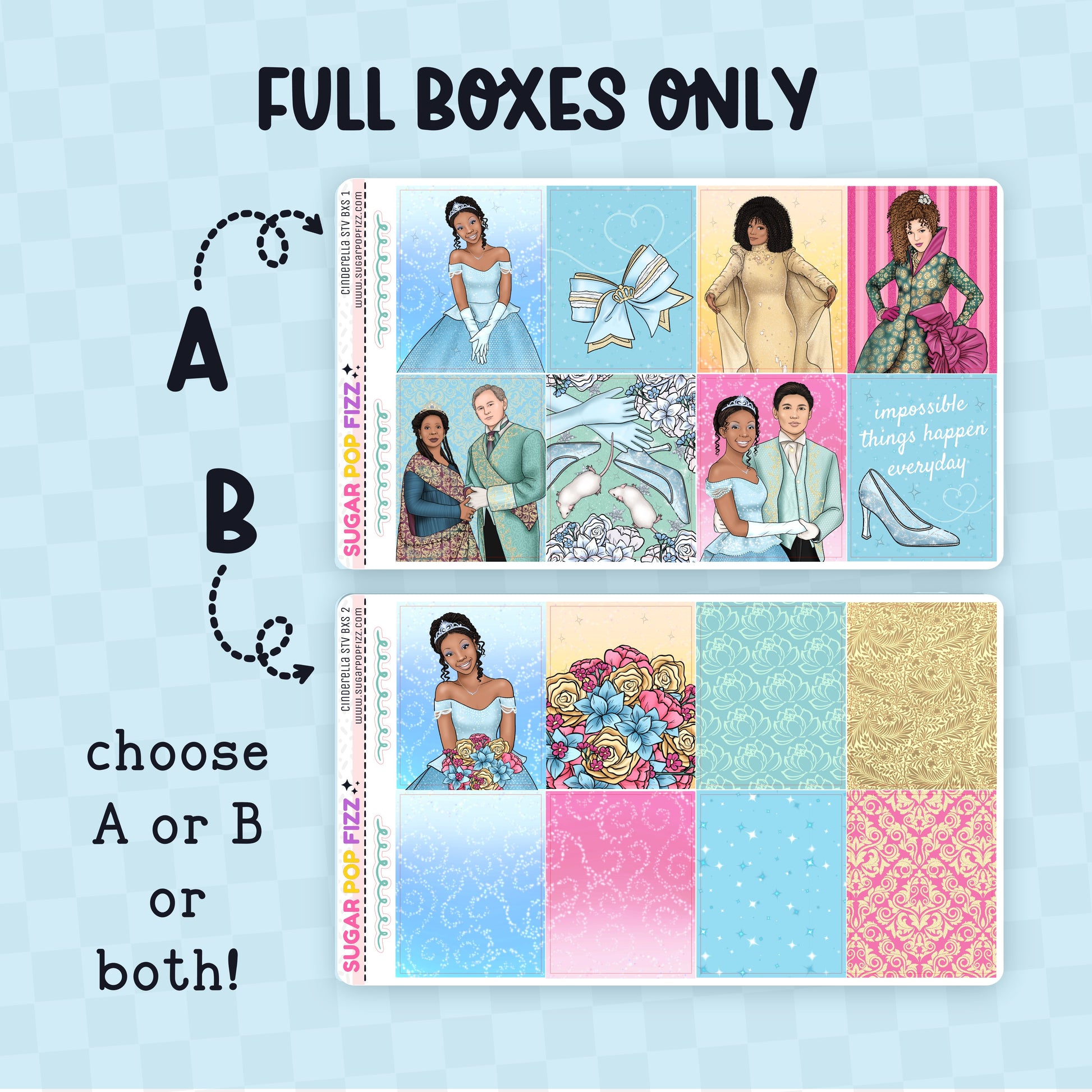 Collection of decorative full box planner stickers  themed around the movie cinderella with brandy and whitney houston on a blue background.  Text that reads "full boxes only" and choose A or B or both!" 