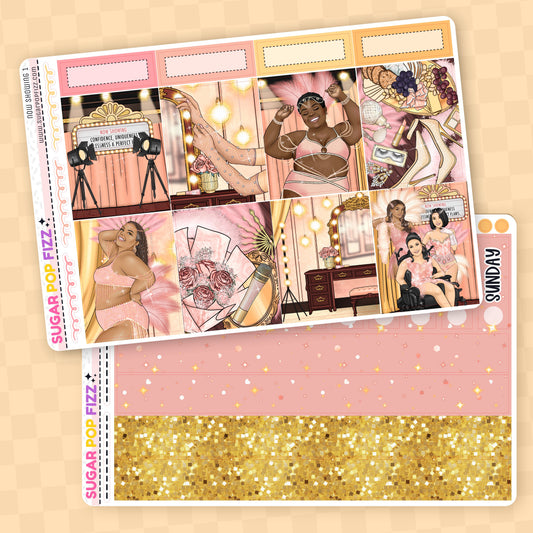 Sticker sheet with illustrations of women in various poses and settings on a beige background.