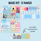 Collection of decorative planner stickers with various designs themed around the movie cinderella with brandy and whitney houston on a blue background. Stickers include functional and decorative full box stickers. Text that reads "base kit: 3 pages" and "includes alternative boxes"