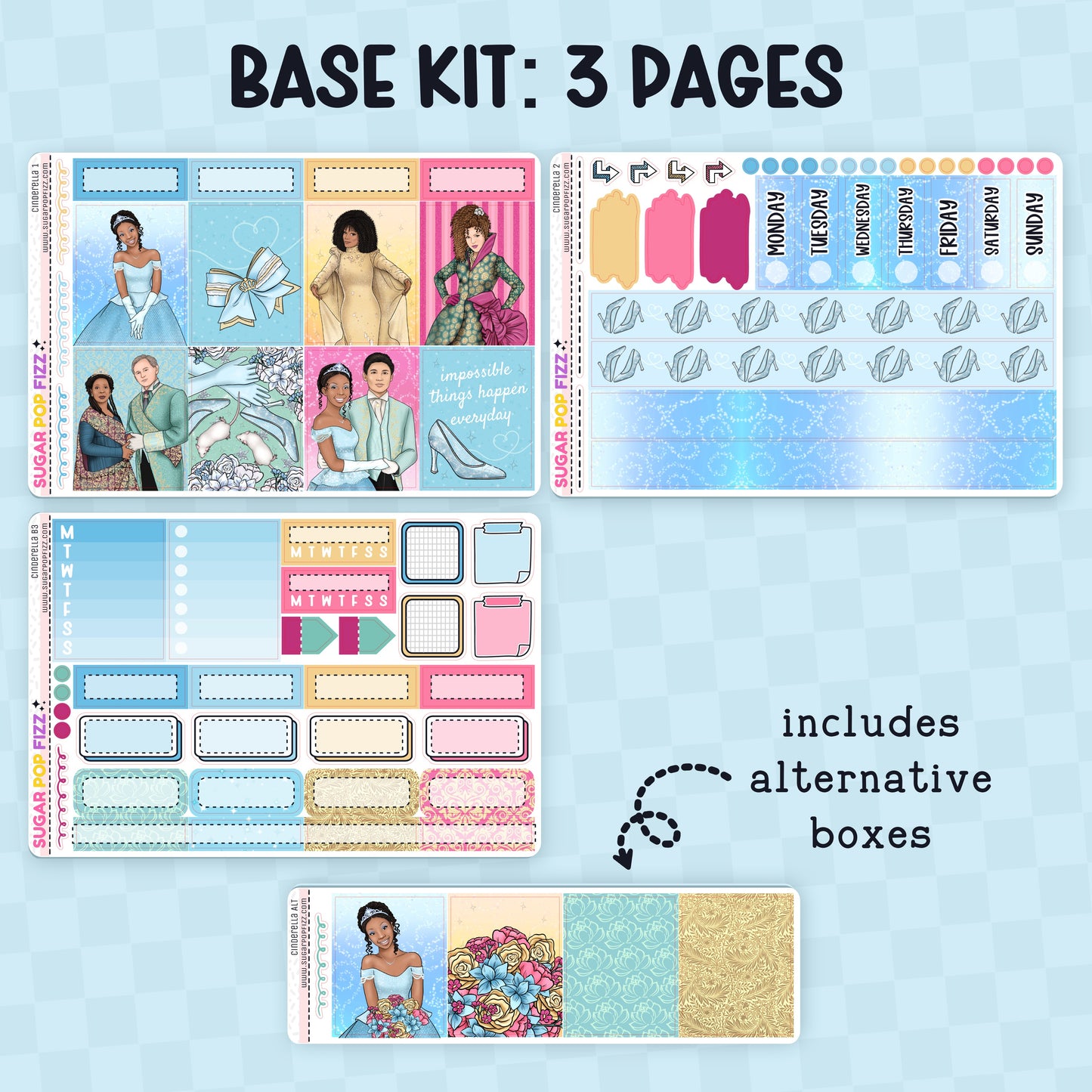 Collection of decorative planner stickers with various designs themed around the movie cinderella with brandy and whitney houston on a blue background. Stickers include functional and decorative full box stickers. Text that reads "base kit: 3 pages" and "includes alternative boxes"