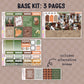 Collection of decorative planner stickers with various designs themed around taylor swift's evermore album on a beige background. Stickers include functional and decorative full box stickers. Text that reads "base kit: 3 pages" and "includes alternative boxes"