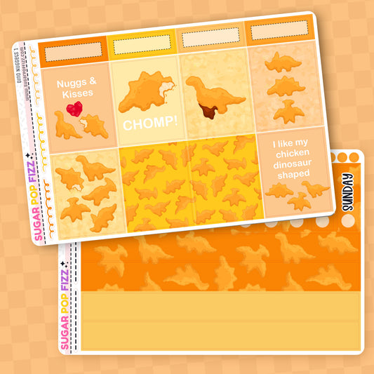 Children's planner or activity book with dinosaur-themed stickers on an orange background