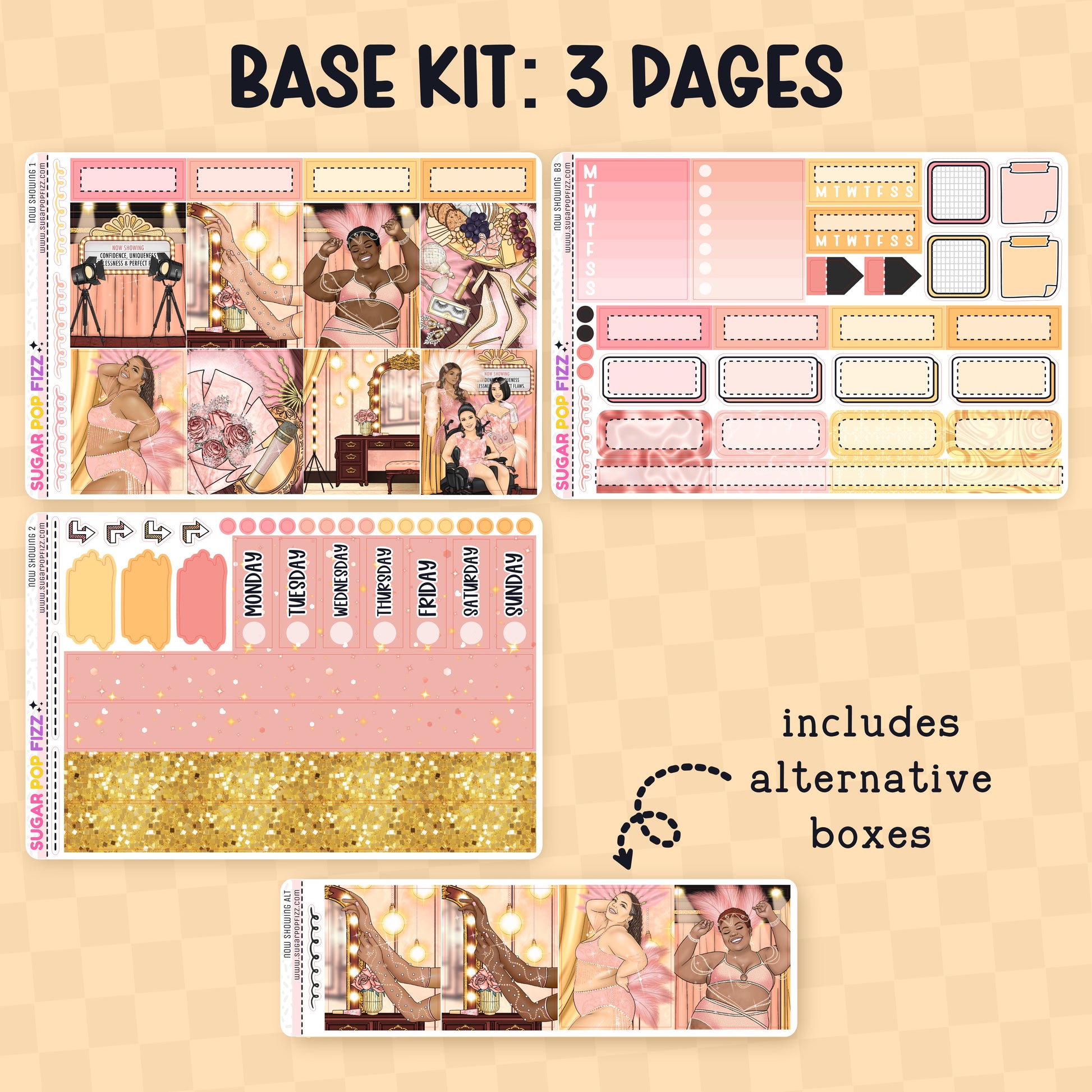 Base kit with 3 pages of planner stickers on a beige background