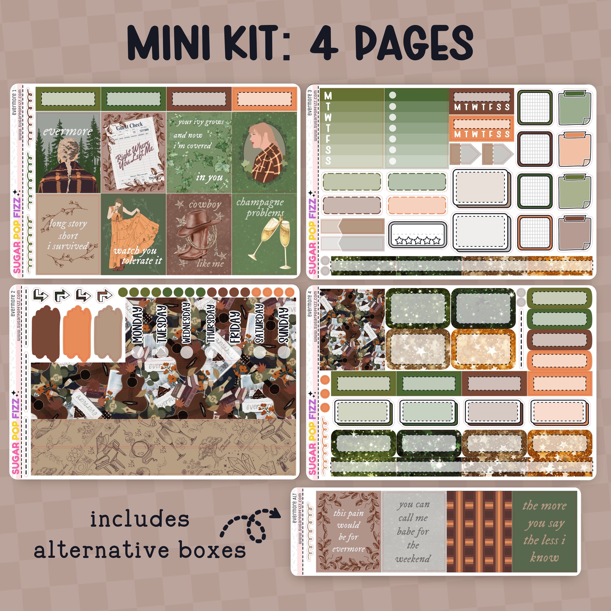Collection of decorative planner stickers with various designs themed around taylor swift's evermore album on a beige background. Stickers include functional and decorative full box stickers. Text that reads "mini kit: 4 pages" and "includes alternative boxes"
