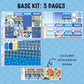 Base kit with three pages of planner stickers on a blue background