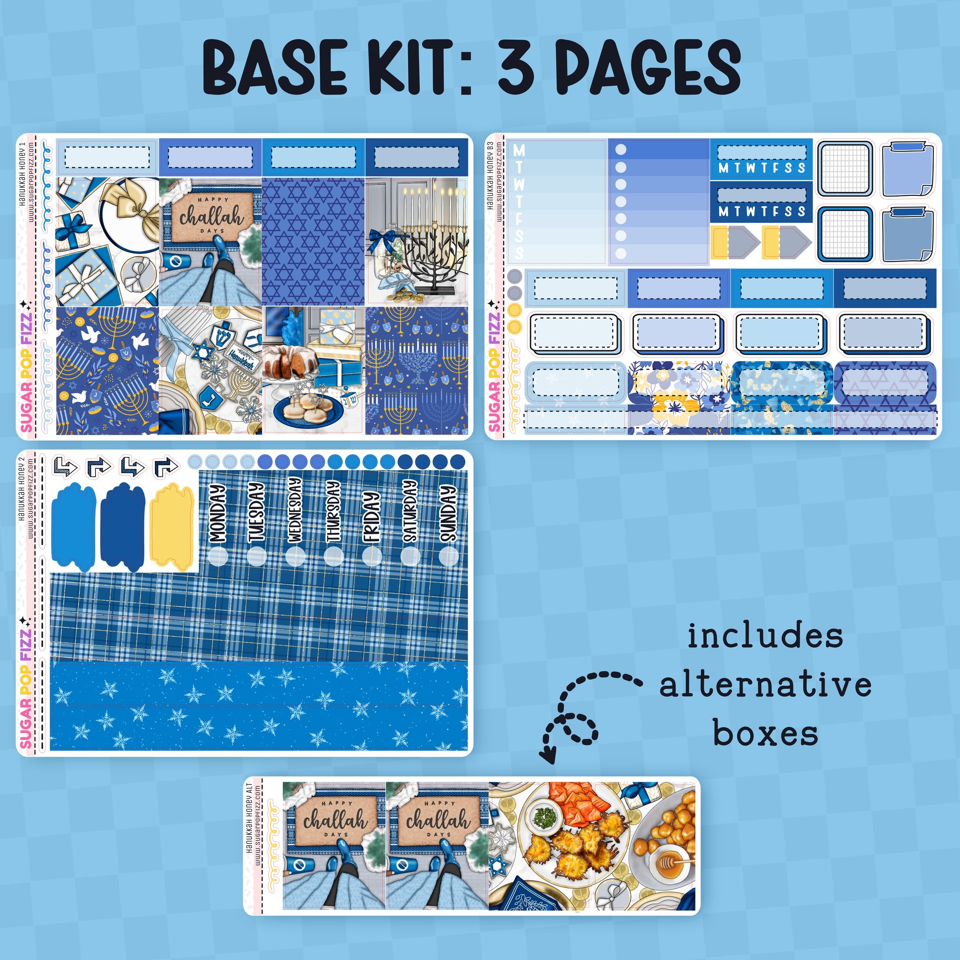 Base kit with three pages of planner stickers on a blue background