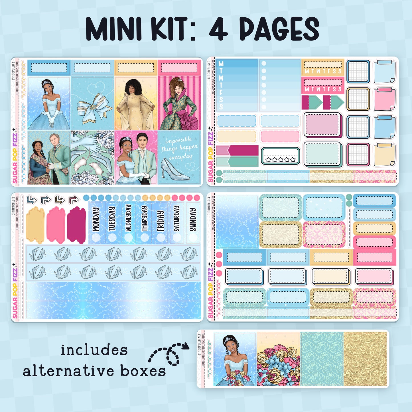 Collection of decorative planner stickers with various designs themed around the movie cinderella with brandy and whitney houston on a blue background. Stickers include functional and decorative full box stickers. Text that reads "mini kit: 4 pages" and "includes alternative boxes"