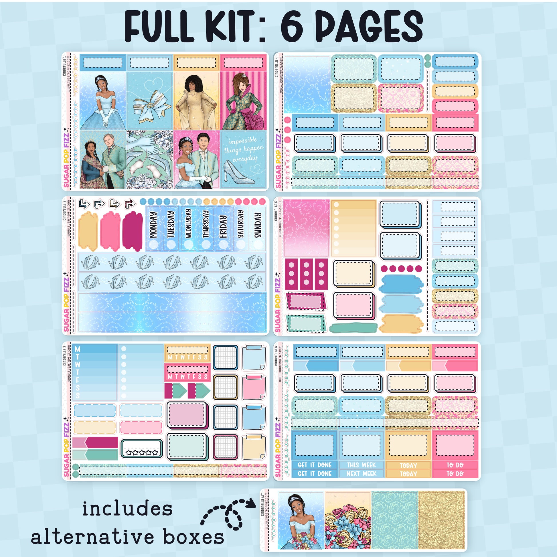 Collection of decorative planner stickers with various designs themed around the movie cinderella with whitney houston and brandy on a blue background. Stickers include functional and decorative full box stickers. Text that reads "full kit: 6 pages" and "includes alternative boxes