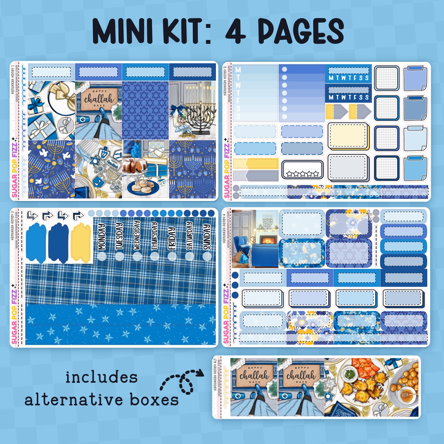 Set of planner stickers with blue and white design on a blue background
