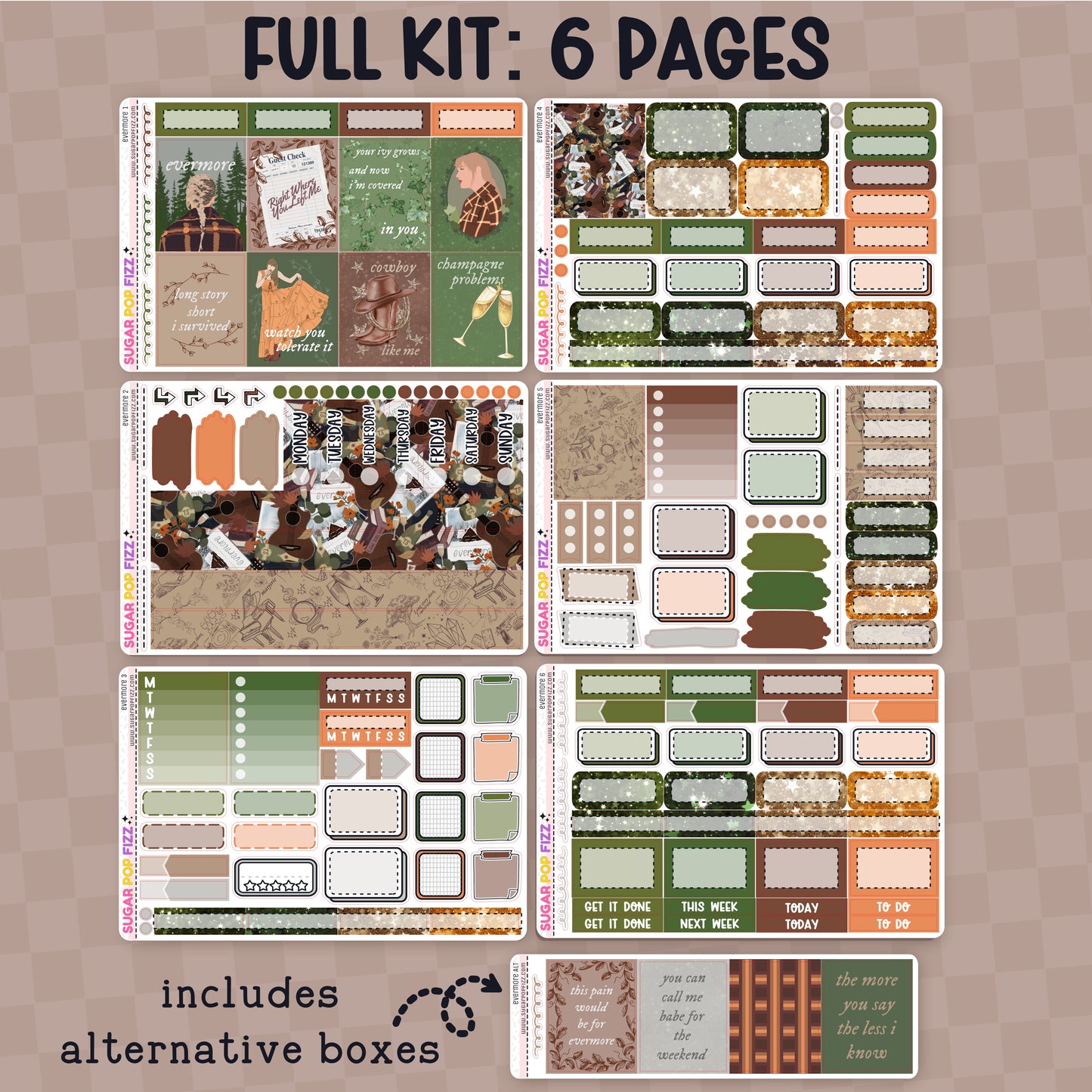 Collection of decorative planner stickers with various designs themed around taylor swift's evermore album on a beige background. Stickers include functional and decorative full box stickers. Text that reads "full kit: 6 pages" and "includes alternative boxes"