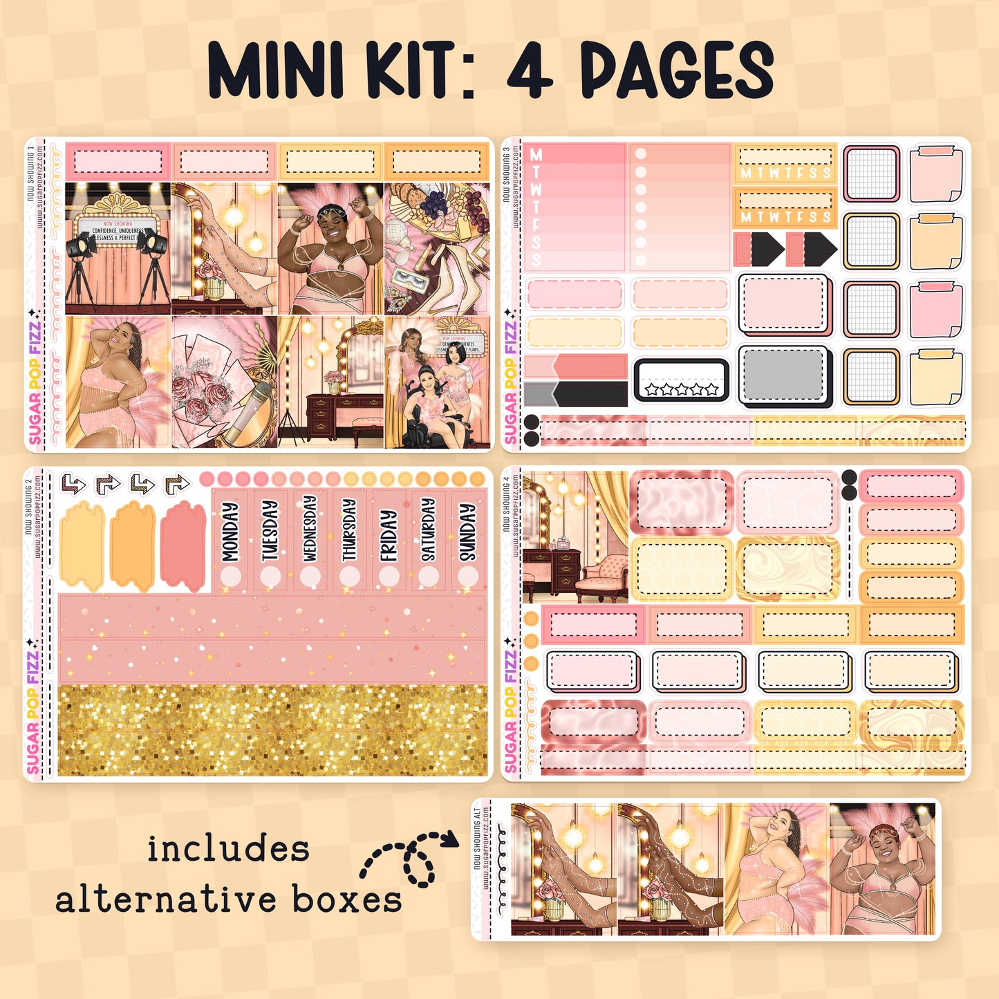 Sticker kit with various designs on a beige background
