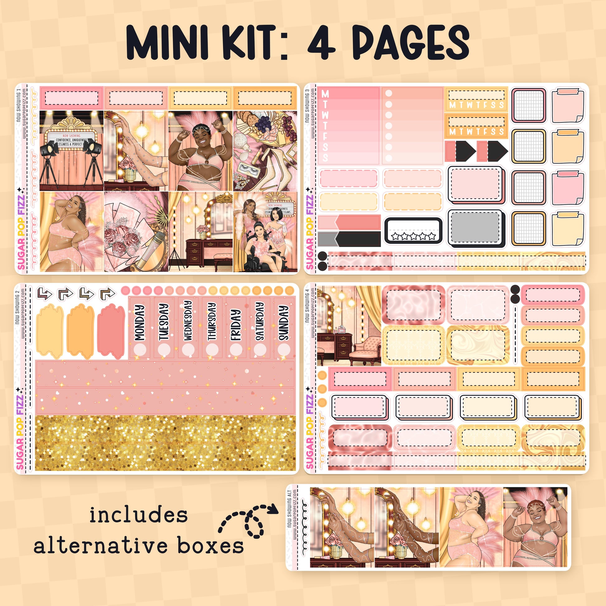 Sticker kit with various designs on a beige background