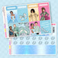 Collection of decorative planner stickers with various designs themed around the movie cinderella with brandy and whitney houston on a blue background. Stickers include functional and decorative full box stickers