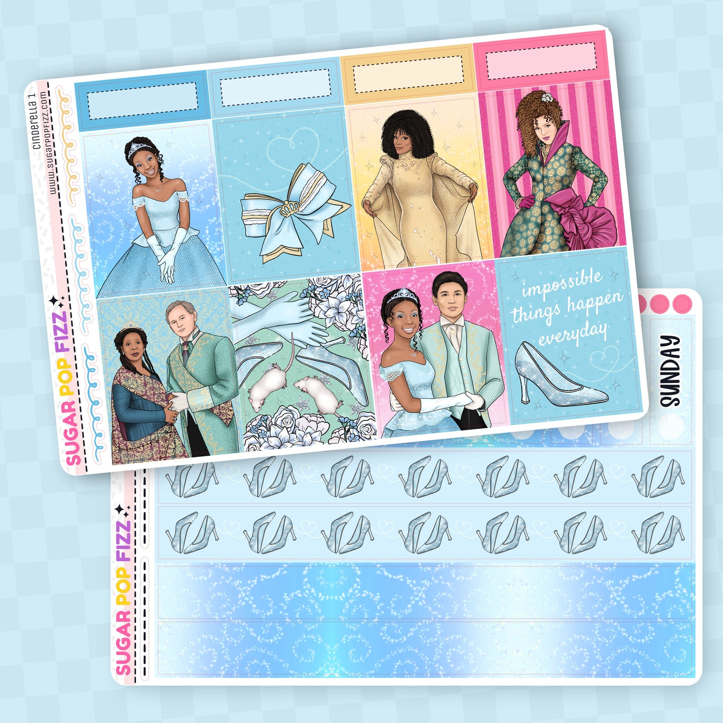 Collection of decorative planner stickers with various designs themed around the movie cinderella with brandy and whitney houston on a blue background. Stickers include functional and decorative full box stickers