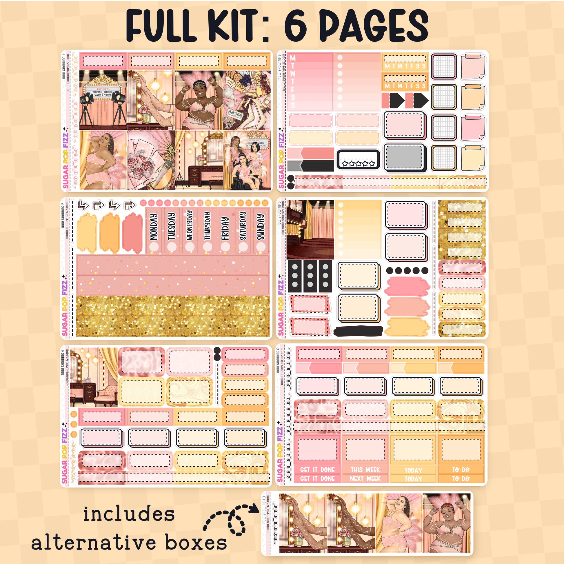 Collection of planner stickers on a beige background with text indicating 'Full Kit: 6 Pages' and 'includes alternative boxes'.