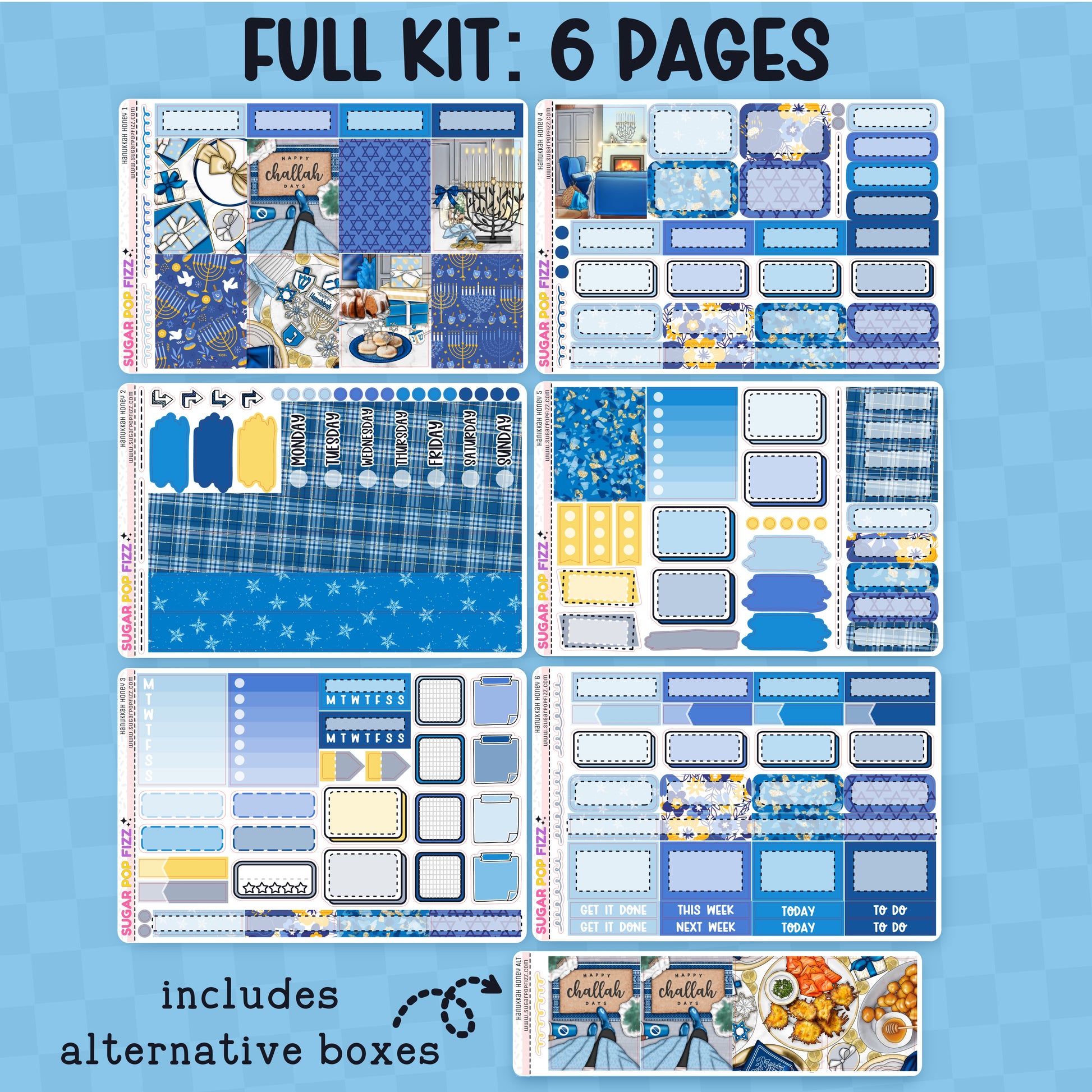 Collection of blue planner stickers on a blue background with text indicating 'Full Kit: 6 Pages' and 'Includes alternative boxes'.