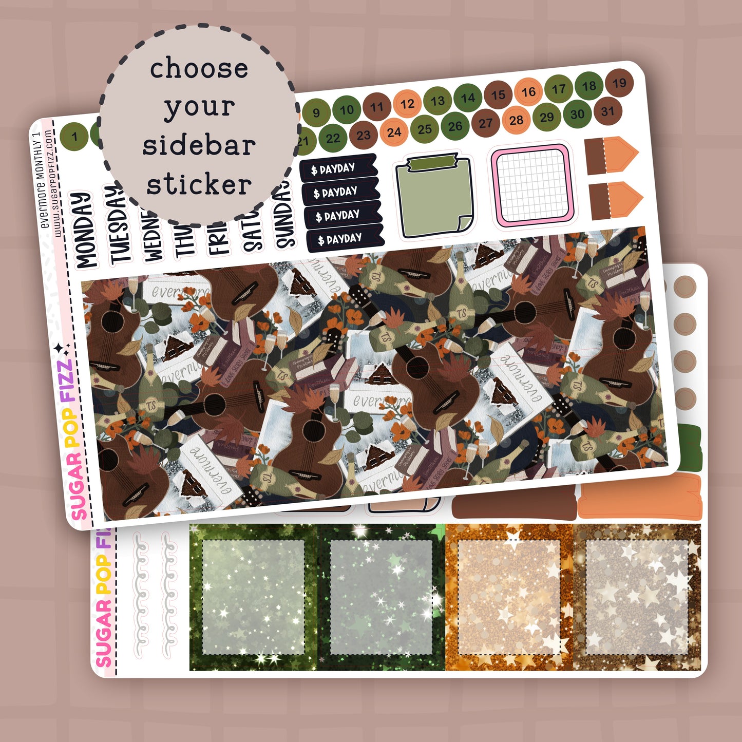 Planner stickers for the standard vertical monthly section themed around taylor swift's evermore album. Greens, orange and browns. Includes days of the week stickers, boxes, date dot stickers and stickers that say "payday". 
