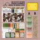Planner stickers for the standard vertical monthly section themed around taylor swift's evermore album. Greens, orange and browns. Includes days of the week stickers, boxes, date dot stickers and stickers that say "payday".  A Text box that states "choose your sidebar stickers". Sidebar sticker A is a series of 4 coordinating checklist and sidebar sticker B is a coordinating decorative sticker.
