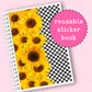 Reusable sticker book with sunflower design and checkered pattern on a pink background