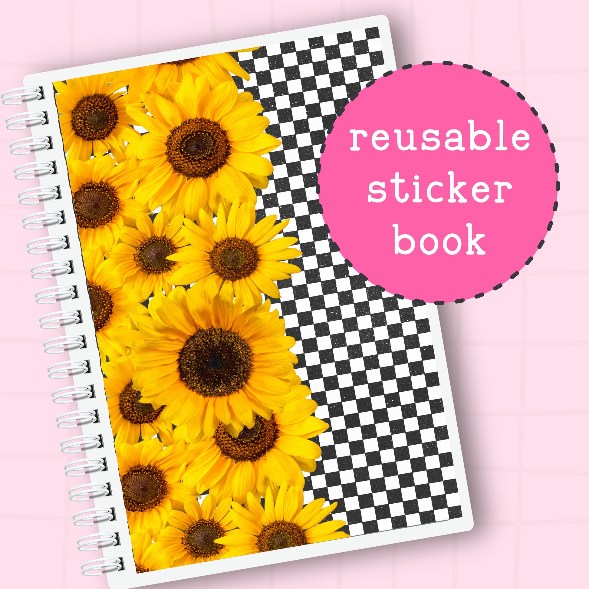 Reusable sticker book with sunflower design and checkered pattern on a pink background