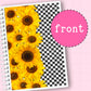 Notebook with sunflower design on one side and checkered pattern on the other, on a pink background.