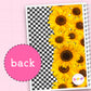 Notebook with sunflower design on the back cover, featuring a pink circle with 'back' text.