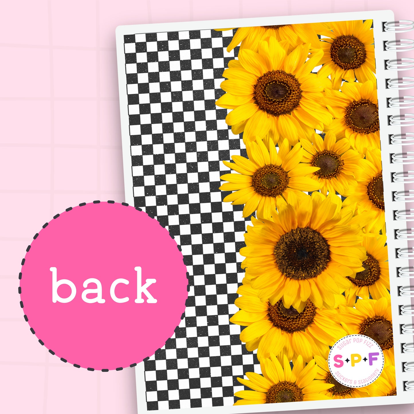Notebook with sunflower design on the back cover, featuring a pink circle with 'back' text.