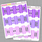 Two sheets of purple and white planner stickers with months printed on them, branded 'Sugar Pop Fizz'.